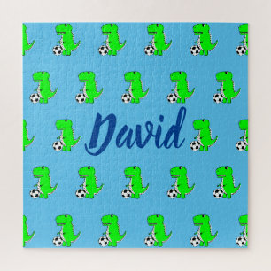 Puzzle Cute Green Soccer Dino T-Rex On Blue