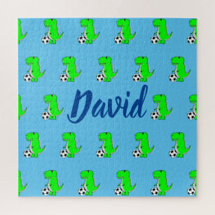 Puzzle Cute Green Soccer Dino T-Rex On Blue