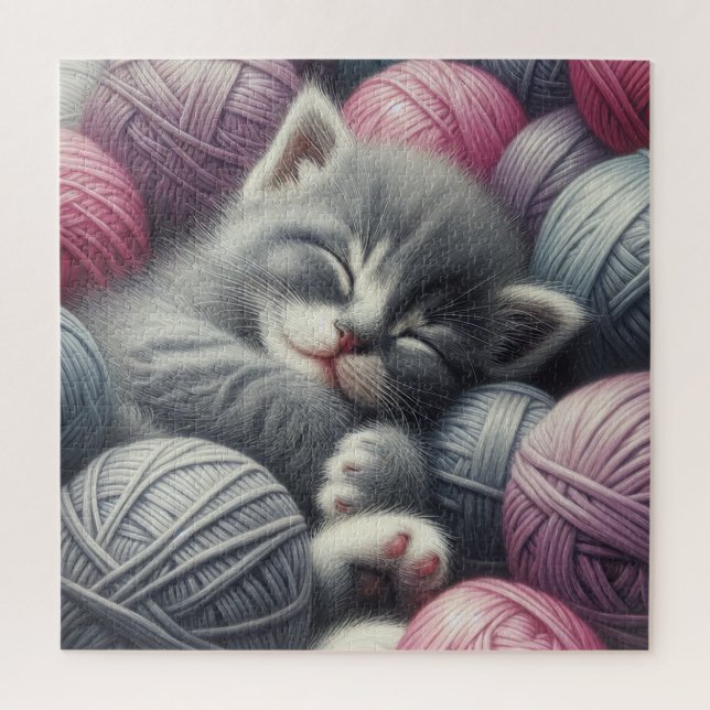 Puzzle Cute Grey et blanc Kitten Napping en Fil (Vertical)