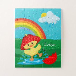 Puzzle Cute Happy Duck in Rain with Rainbow