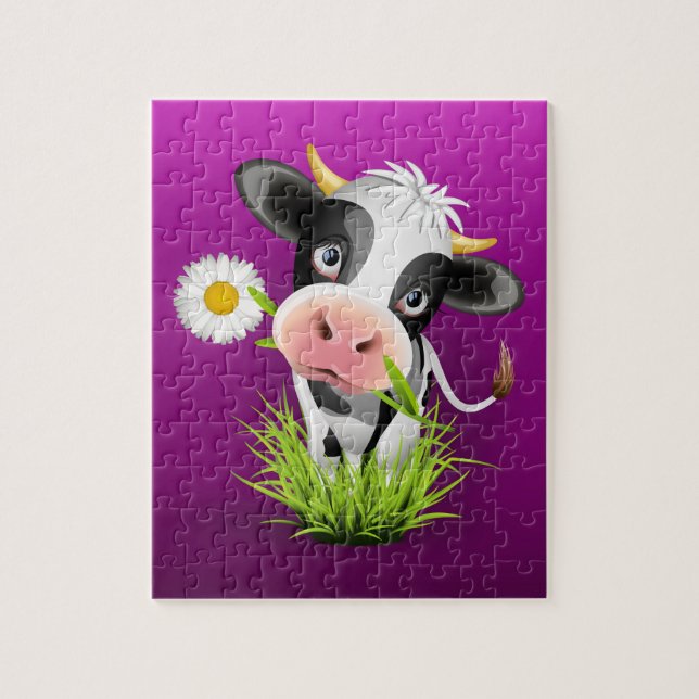 Puzzle Cute Holstein cow in grass over purple (Vertical)