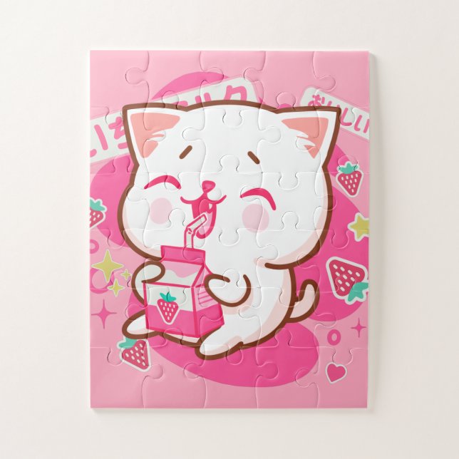 Puzzle Cute Kawaii Chat Lait de fraise japonais (Vertical)