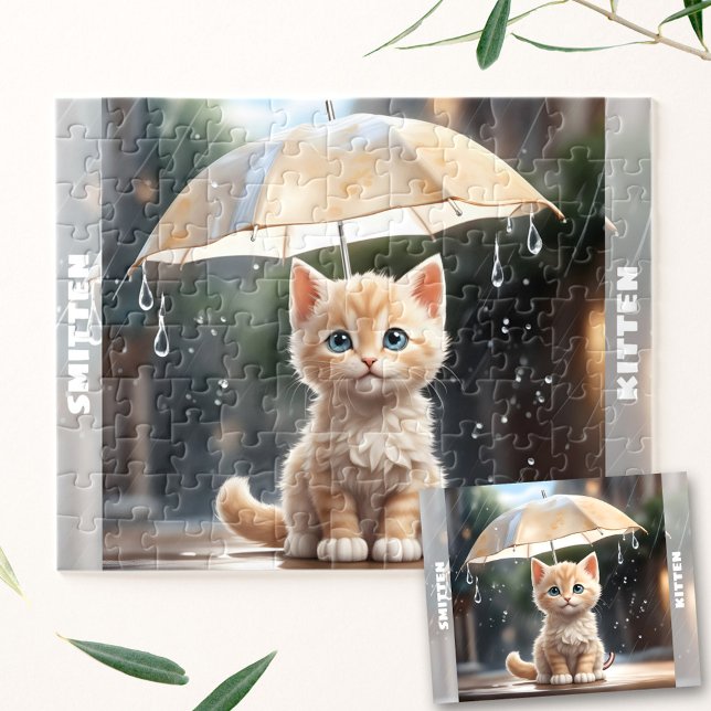 Puzzle Cute Kitten Chat Parapluie Automne Pluie Nom perso (Cute Kitten Cat Umbrella Fall Rain Custom Name Jigsaw Puzzle)