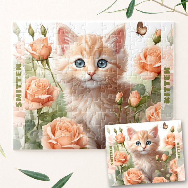 Puzzle Cute Kitten Chat Rose Floral été Nom personnalisé (Cute Kitten Cat Rose Floral Summer Custom Name Jigsaw Puzzle)
