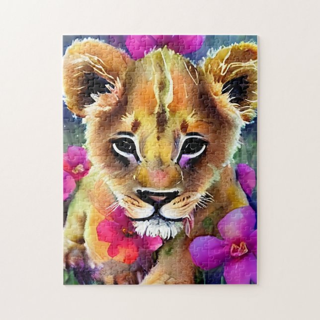 Puzzle Cute Lion Cub Entouré de Fleurs (Vertical)