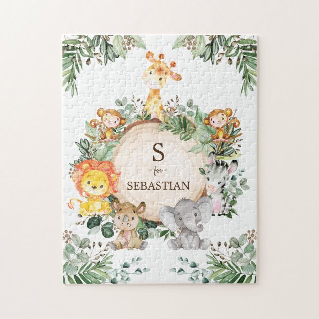 Puzzle Cute Personnalisé Jungle Safari Animaux Monogramme (Vertical)
