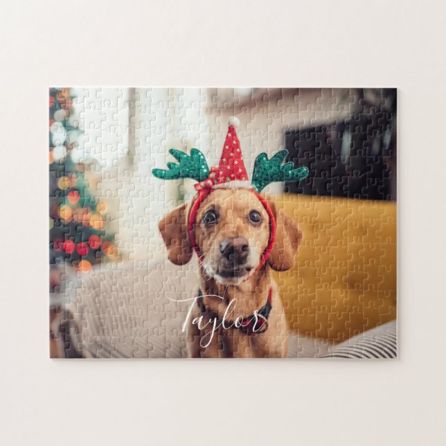 Puzzle Cute Pet Photo Vacances de Noël modernes (Horizontal)