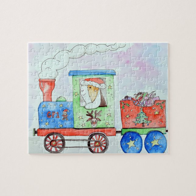 Puzzle Cutie dans son train de Noël aquarelle peinture (Horizontal)