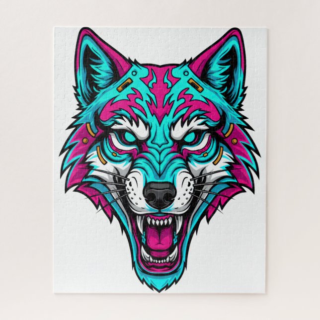 Puzzle Cyberpunk Neon Wolf - Synthwave Robotic Animal (Vertical)