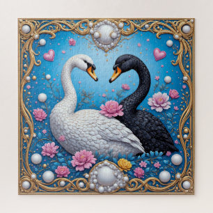 Puzzle Cygnes de mariage encadrés d'or et de fleurs