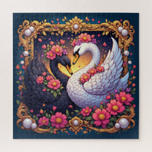 Puzzle Cygnes mariages encadrés d'or et de fleurs