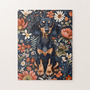 Puzzle Dachshund Adorable Entouré De Fleurs Vibrantes