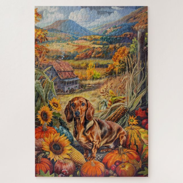 Puzzle Dachshund Chien Moisson Automne Thanksgiving (Vertical)