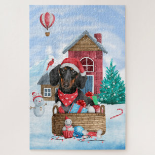 Puzzle Dachshund dans une maison de Noël enneigée 