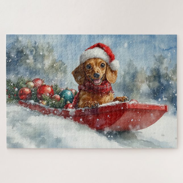 Puzzle Dachshund Dog in Sledge Let it neige Noël (Horizontal)