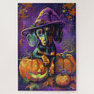 Puzzle Dachshund effrayant Chien Sorcière d'Halloween et