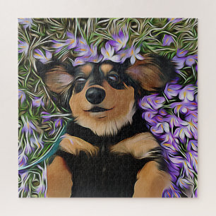 Puzzle Dachshund Pose Dans Les Fleurs Violettes