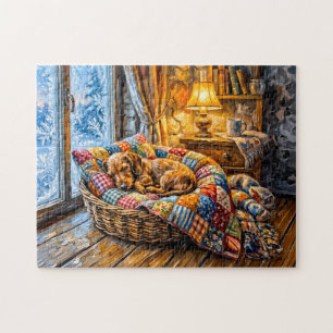 Puzzle Dachshund se reposant dans un panier d'hiver confo