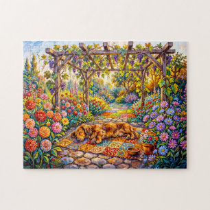 Puzzle Dachshund se reposant sous un chemin de pergola de