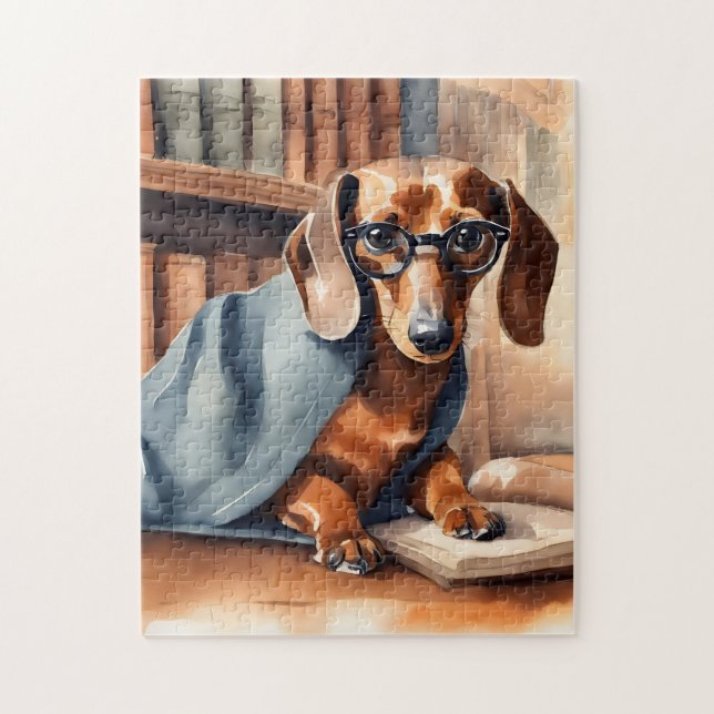 Puzzle Dachshund vintage dans l'ancienne bibliothèque (Vertical)