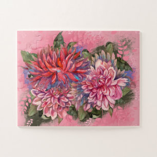 Puzzle Dahlias flowers pink watercolor pattern