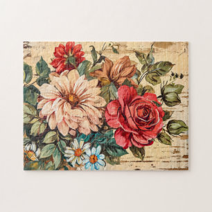 Puzzle Dahlies et roses sur un mur en bois fissuré