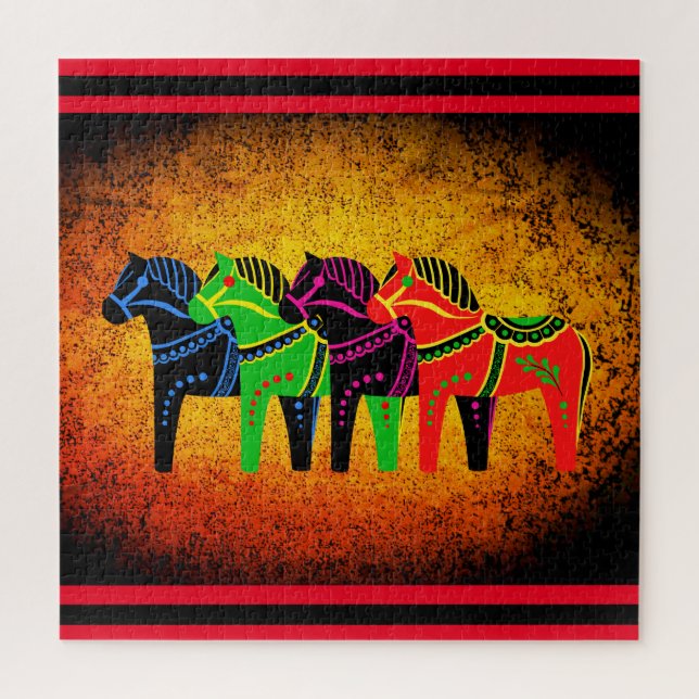 Puzzle Dala Horse, rouge, vert, bleu, noir, cheval folklo (Vertical)