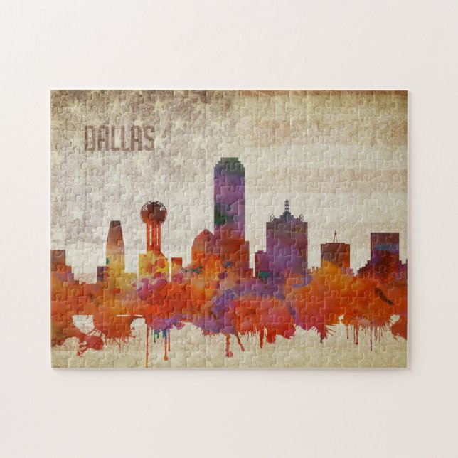 Puzzle Dallas, horizon de ville d'aquarelle de TX | (Horizontal)