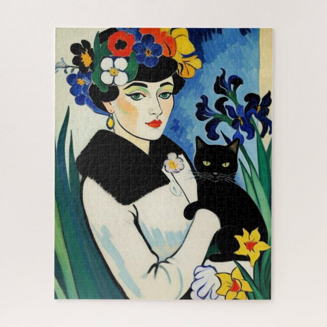 Puzzle Dame avec chat noir (Vertical)