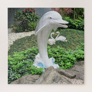 Puzzle Dauphin, statue, parc, plantes, fleurs, nature,