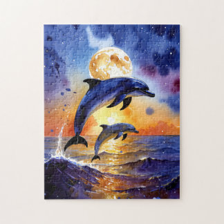 Puzzle Dauphins majestueux éclairés par la lune au couche