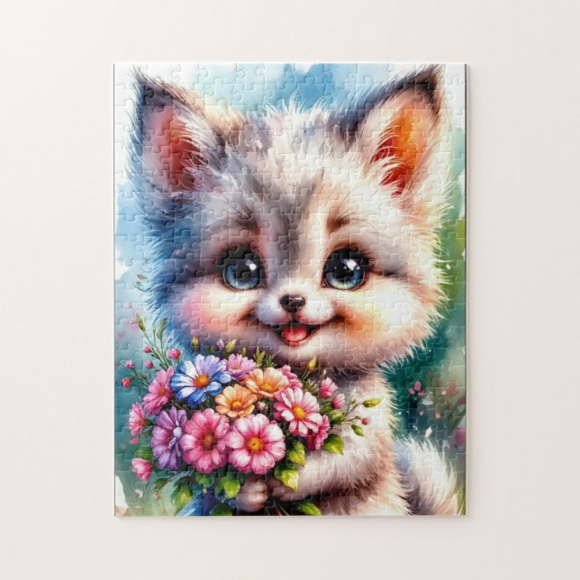 Puzzle de chiot mignon avec des fleurs (Vertical)