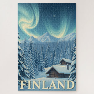 Puzzle de Finlande Aurore Boréale Cabane d'Hiver