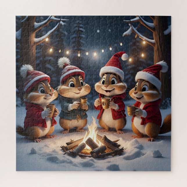 Puzzle De mignons Chipmunks de Noël autour d'un feu de ca (Vertical)