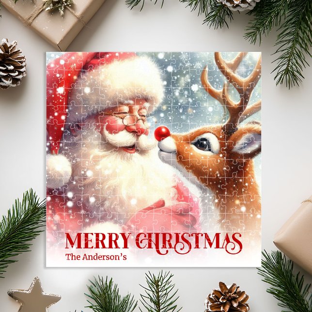 Puzzle de Noël pour enfants avec Père Noël et Rudo (Personalized Santa and Rudolph Kids Xmas Puzzle Gift)