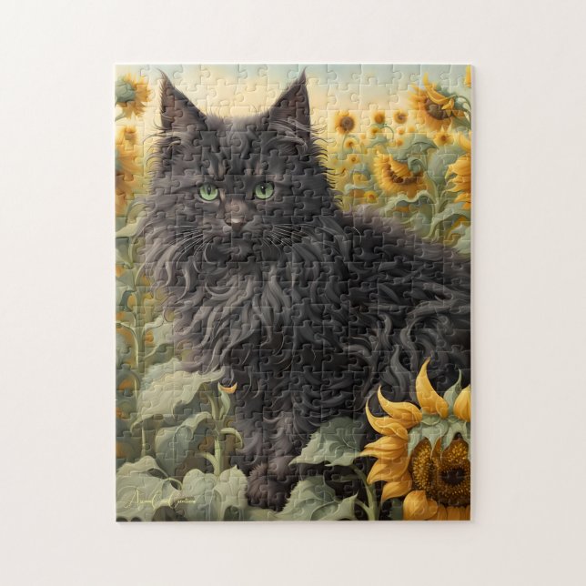 Puzzle de tournesol de chat noir (Vertical)