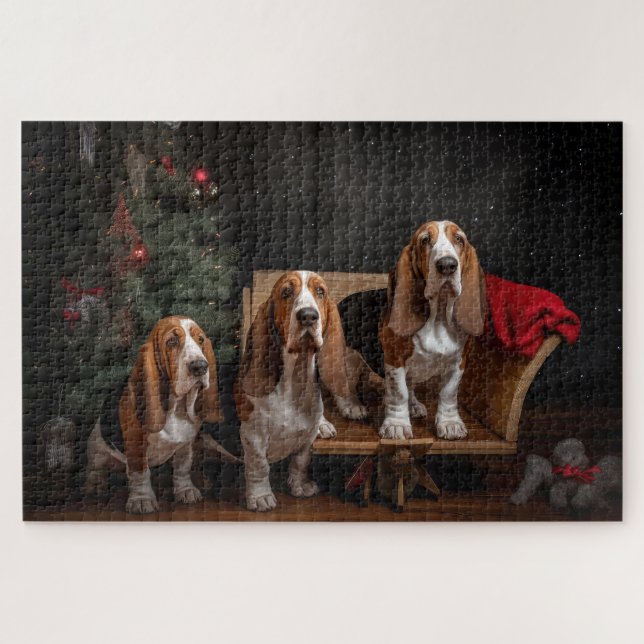 Puzzle Décor de Noël Basset Hound Snowy Sleigh (Horizontal)