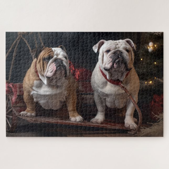 Puzzle Décor de Noël Bulldog Snowy Sleigh (Horizontal)