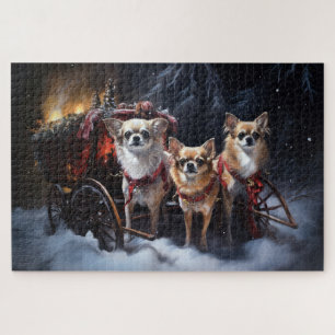Puzzle Décor de Noël Chariot enneigé de Chihuahua