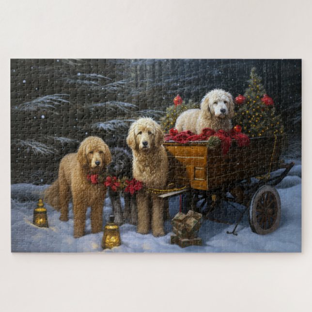 Puzzle Décor de Noël Goldendoodle Snowy Sleigh (Horizontal)
