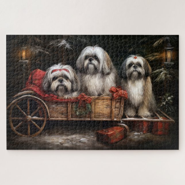 Puzzle Décor de Noël Lhasa Apso Snowy Sleigh (Horizontal)