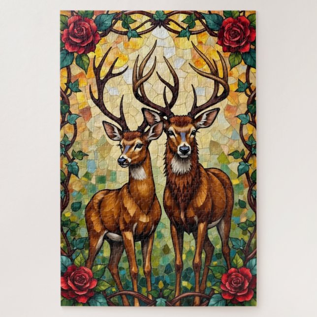 Puzzle Deer Couple Art Nouveau Stained Glass Arch (Vertical)