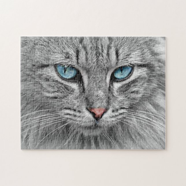 Puzzle Défi Tabby Gris Chat avec yeux bleus (Horizontal)
