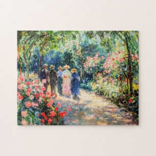 Puzzle Des gens qui marchent dans le jardin rose