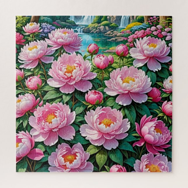 Puzzle Des pivoines roses vertes fleurissent (Vertical)