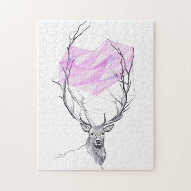 Puzzle Dessin de coeur géométrique rose et cerf Art anima (Vertical)