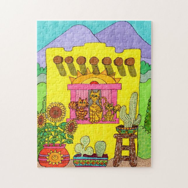 Puzzle Dessin du désert de chats Adobe House Jaune coloré (Vertical)