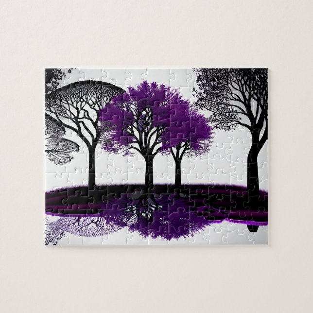 Puzzle Dessin noir et blanc avec arbre pourpre fou (Horizontal)