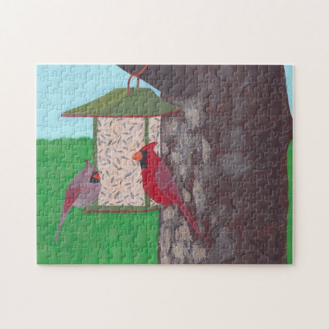 Puzzle Deux cardinaux à la mangeoire, peinture, casse-têt (Horizontal)