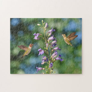 Puzzle Deux colibris en vol avec fleurs